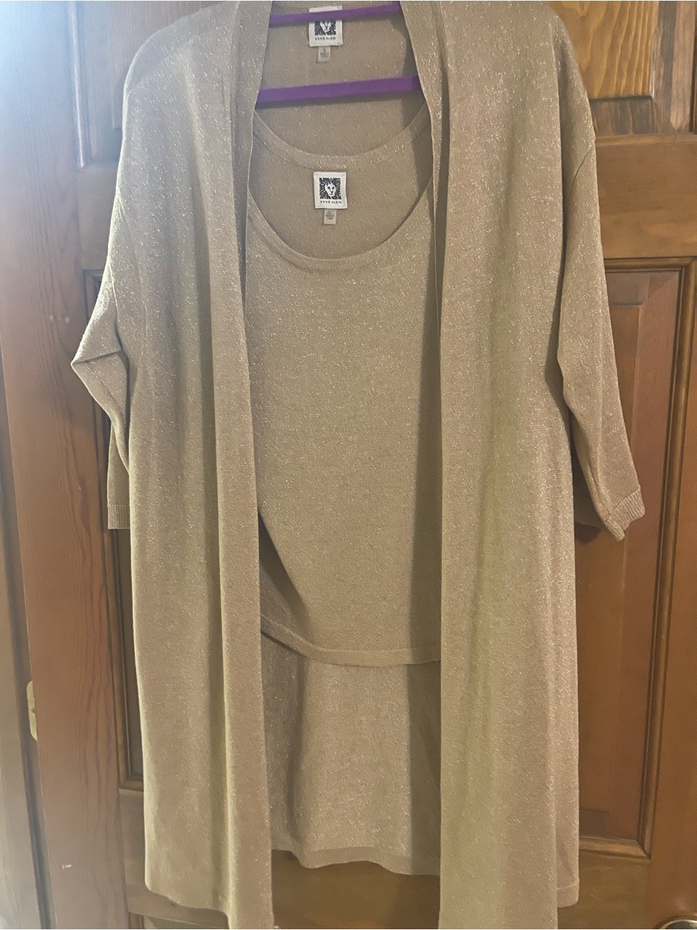 Anne Klein Sparkle Knit Cardigan Set in Metallic Taupe